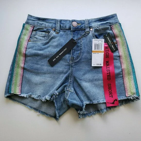 Dollhouse NWT Junior Women's High Waisted Denim Shorts Size Rainbow  Stripes